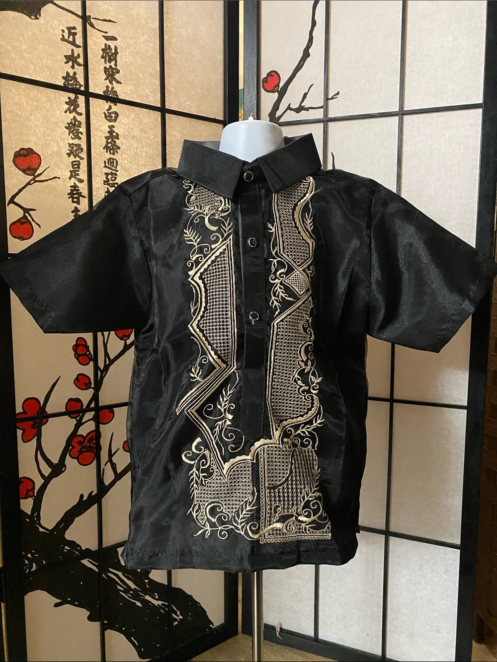 Kids Black Embroidered Barong Tagalog Dress Shirt - Brand Unspecified